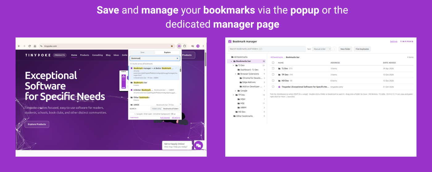 A Better Bookmark Manager popup beside its full-page bookmark manager.