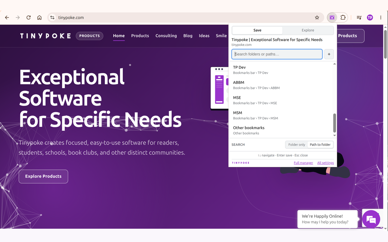 A Better Bookmark Manager save panel with a bookmark title field and suggested folders.