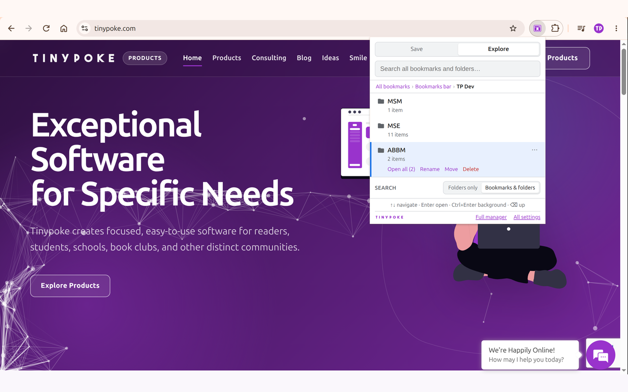 A Better Bookmark Manager explore panel showing bookmark folders and management actions.