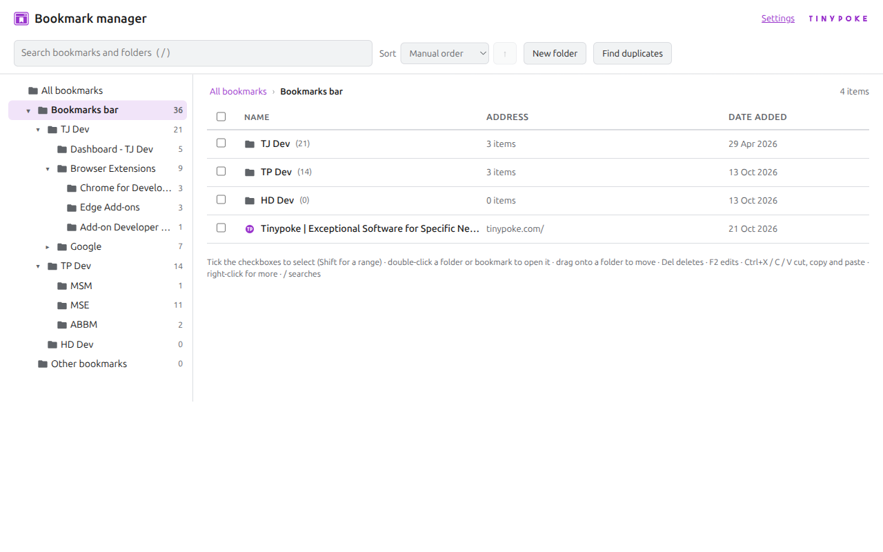 Full-page bookmark manager with folder navigation, search, sorting, and duplicate-finding controls.