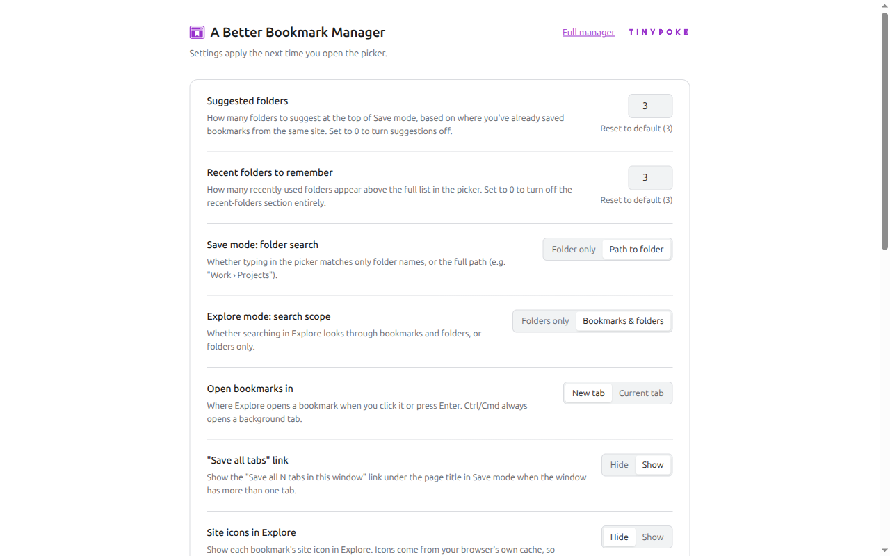 A Better Bookmark Manager settings for folder suggestions, search scope, tabs, and bookmark display.