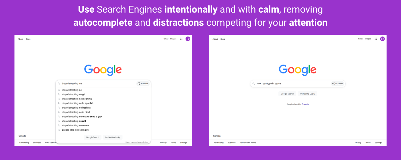 Google search comparison showing autocomplete suggestions beside a calmer search field without suggestions.