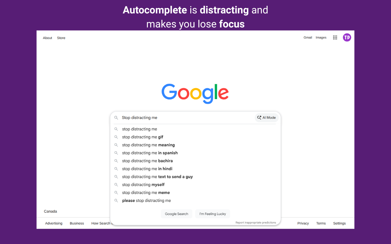 Google search field displaying a long list of autocomplete suggestions.