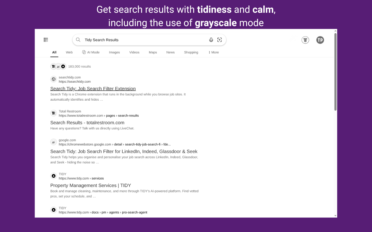 Google search results displayed in grayscale by Mindful Search Engine.