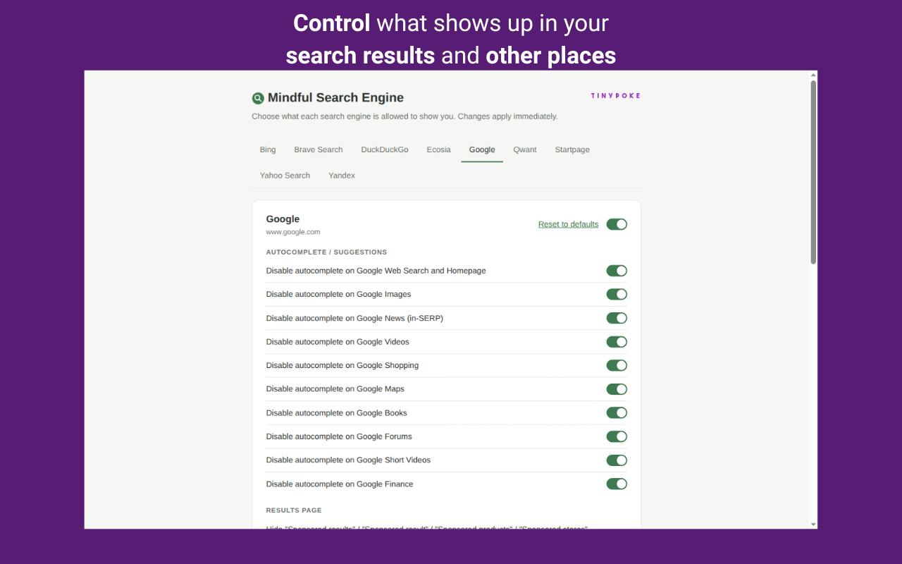 Mindful Search Engine settings for controlling autocomplete across Google search surfaces.