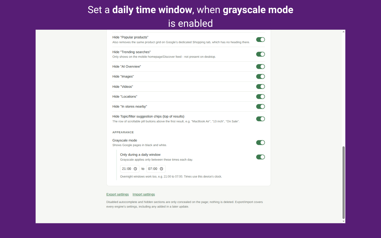 Mindful Search Engine settings for scheduling a daily grayscale window.