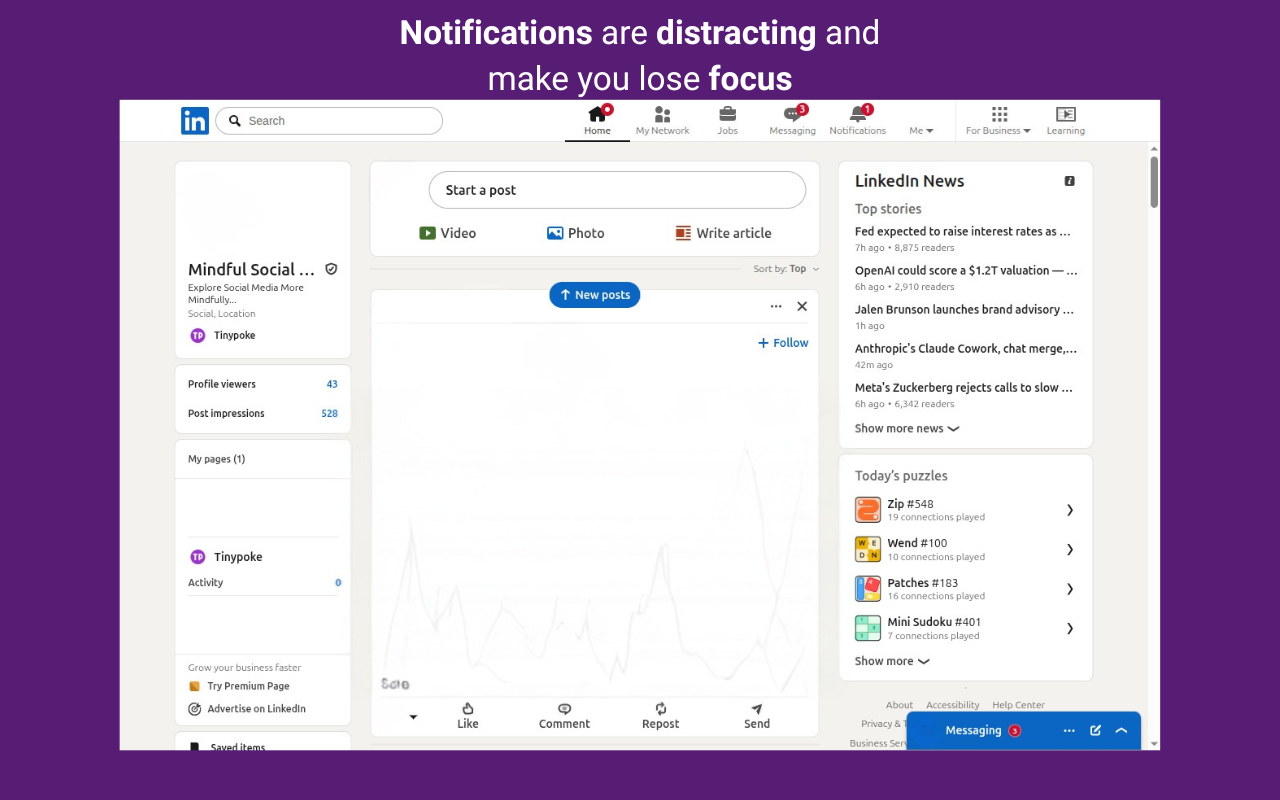 LinkedIn feed before Mindful Social Media removes distracting notifications and interface elements.