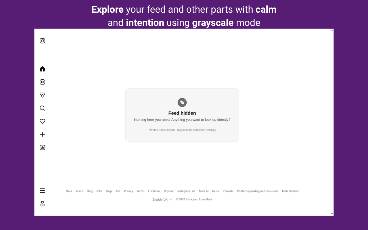 Instagram displayed in grayscale with its feed hidden by Mindful Social Media.