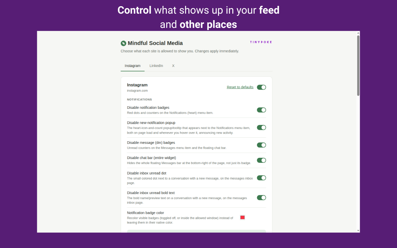 Mindful Social Media settings for controlling Instagram notifications, feeds, and navigation elements.