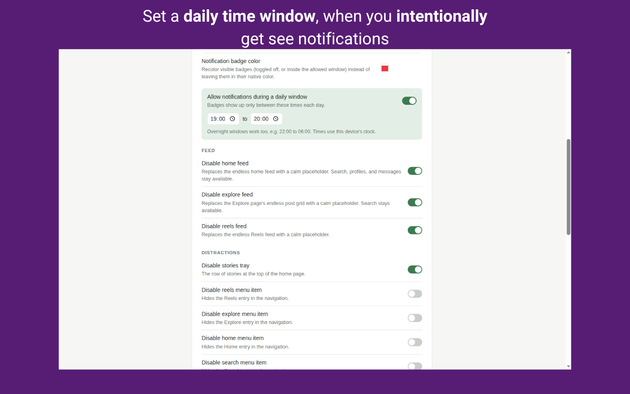 Mindful Social Media settings for a daily notification window and feed controls.